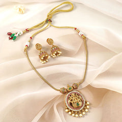 Stunning Gold-Plated Laxmi Temple Necklace Set Adorned with Ruby, Emerald, and Sparkling CZs, Featuring Elegant Pearl Drops