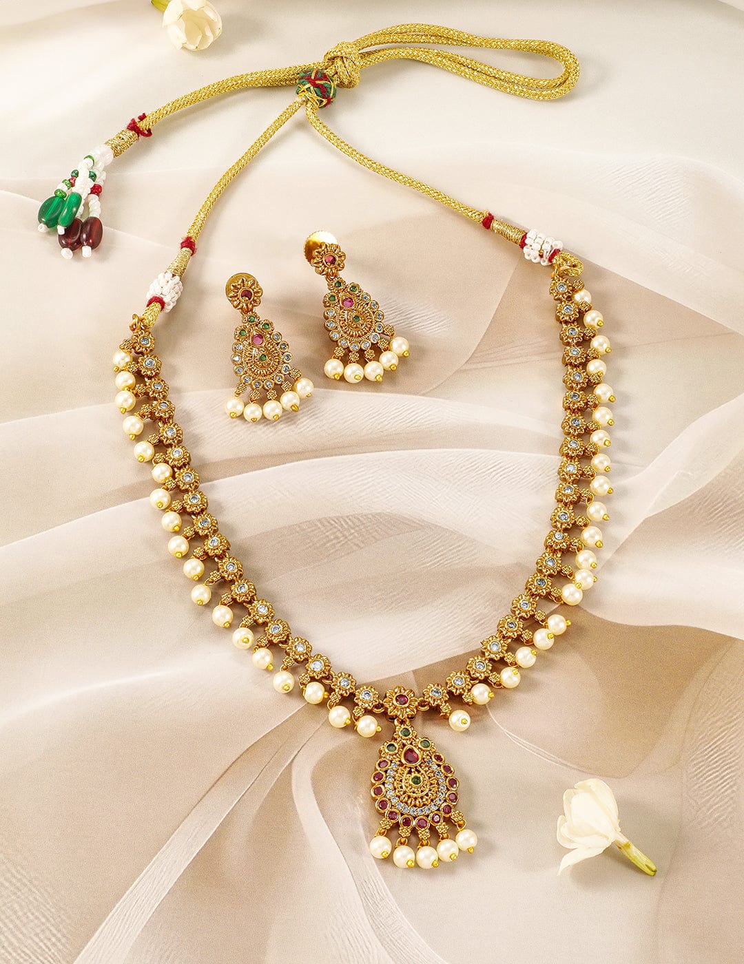 Elegant Gold-Plated Ruby & Emerald Kundan Jewelry Set with Sparkling CZ and Charming Pearl Beads