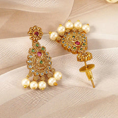 Elegant Gold-Plated Ruby & Emerald Kundan Jewelry Set with Sparkling CZ and Charming Pearl Beads