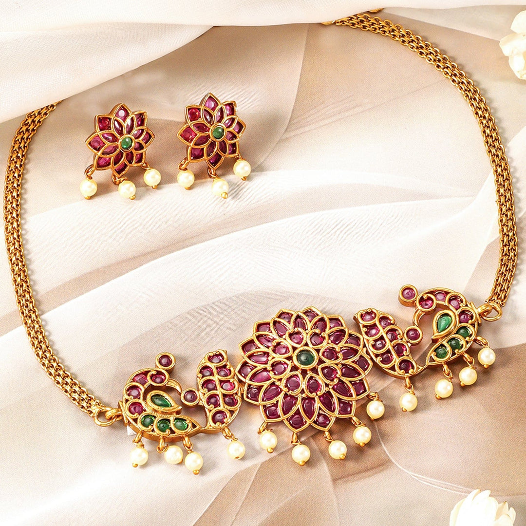 Stunning Gold-Plated Choker Set with Ruby Pink & Emerald Kundan, Adorned with Elegant Pearl Accents