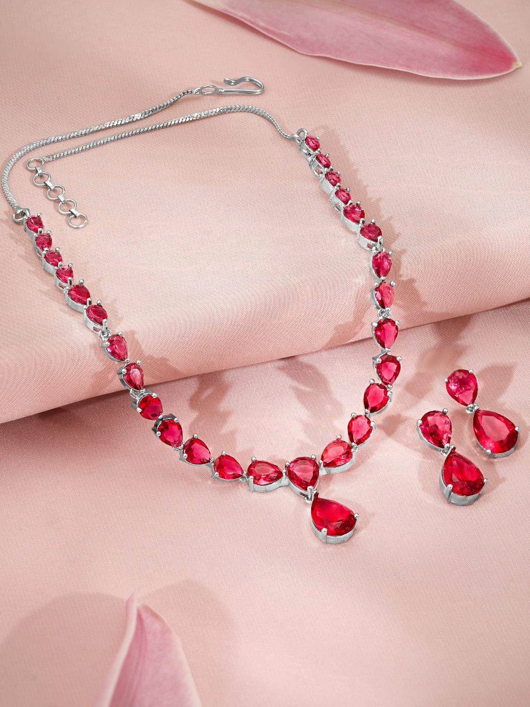 Exquisite Ruby Red Studded Jewelry Set with Luxurious Rhodium Finish