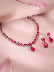 Exquisite Ruby Red Studded Jewelry Set with Luxurious Rhodium Finish