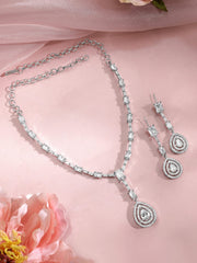 Elegant Rhodium-Plated Necklace Set Adorned with Sparkling AD & Cubic Zirconia Teardrop Pendants