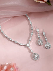 Elegant Rhodium-Plated Necklace Set Adorned with Sparkling AD & Cubic Zirconia Teardrop Pendants