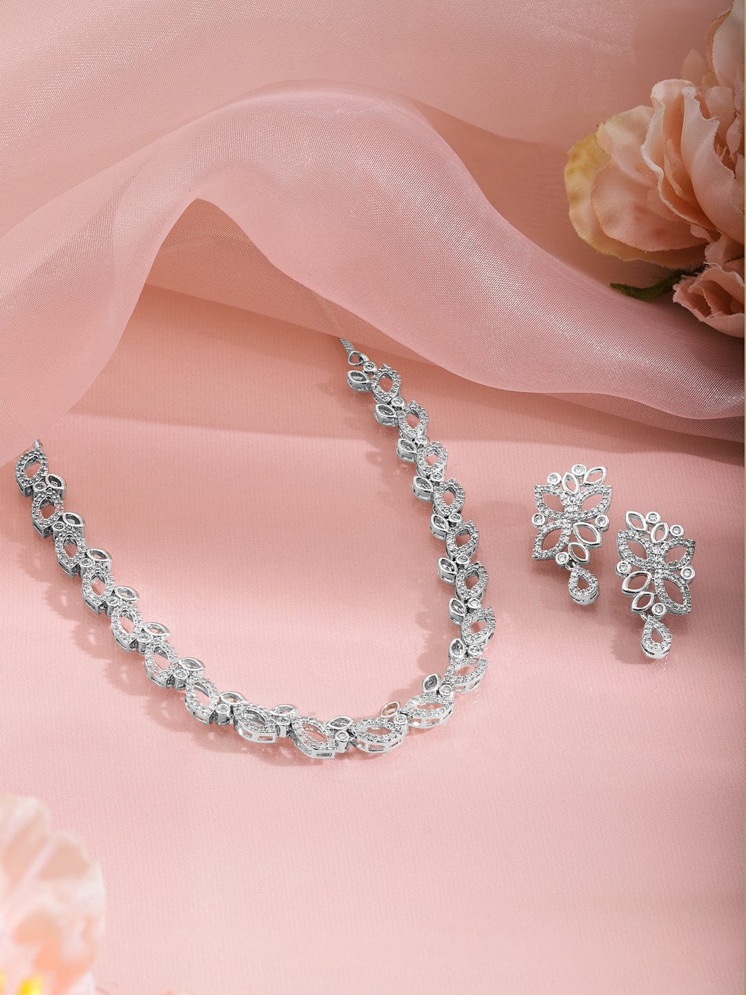 Stunning Rhodium-Plated Jewelry Set Adorned with Sparkling Cubic Zirconia