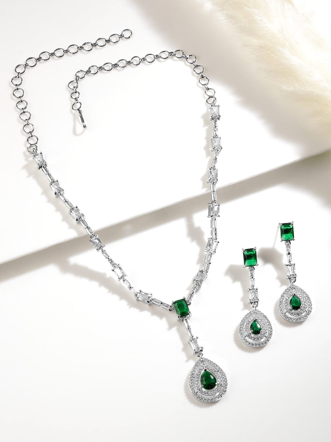 Stunning Rhodium Plated Emerald Teardrop Pendant Necklace Adorned with AD & Sparkling Cubic Zirconia Studs