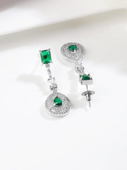 Stunning Rhodium Plated Emerald Teardrop Pendant Necklace Adorned with AD & Sparkling Cubic Zirconia Studs