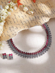 Elegant Oxidised Necklace Set Adorned with Rhodium-Plated Stone Accents