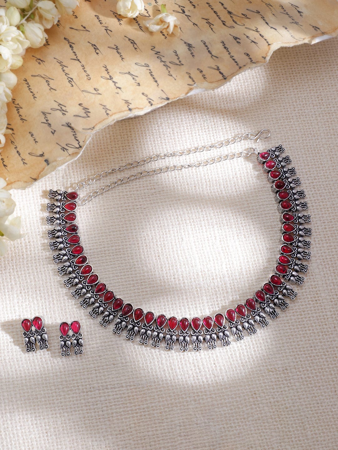 Elegant Oxidised Necklace Set Adorned with Rhodium-Plated Stone Accents