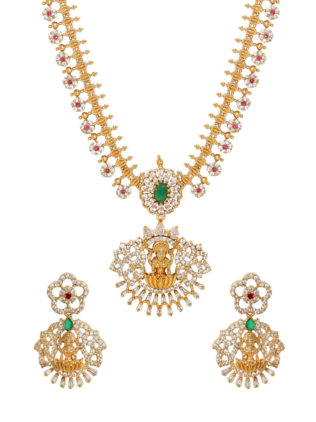 Exquisite Gold-Plated Goddess-Inspired Necklace Set with Kemp & Zirconia Crystals and Elegant Pearl Beading