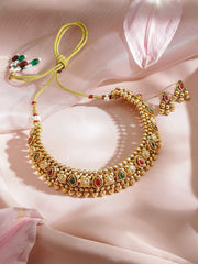 Exquisite Gold Plated Traditional Temple Necklace Set Adorned with Ruby and Emerald Stones