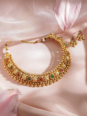 Exquisite Gold Plated Traditional Temple Necklace Set Adorned with Ruby and Emerald Stones