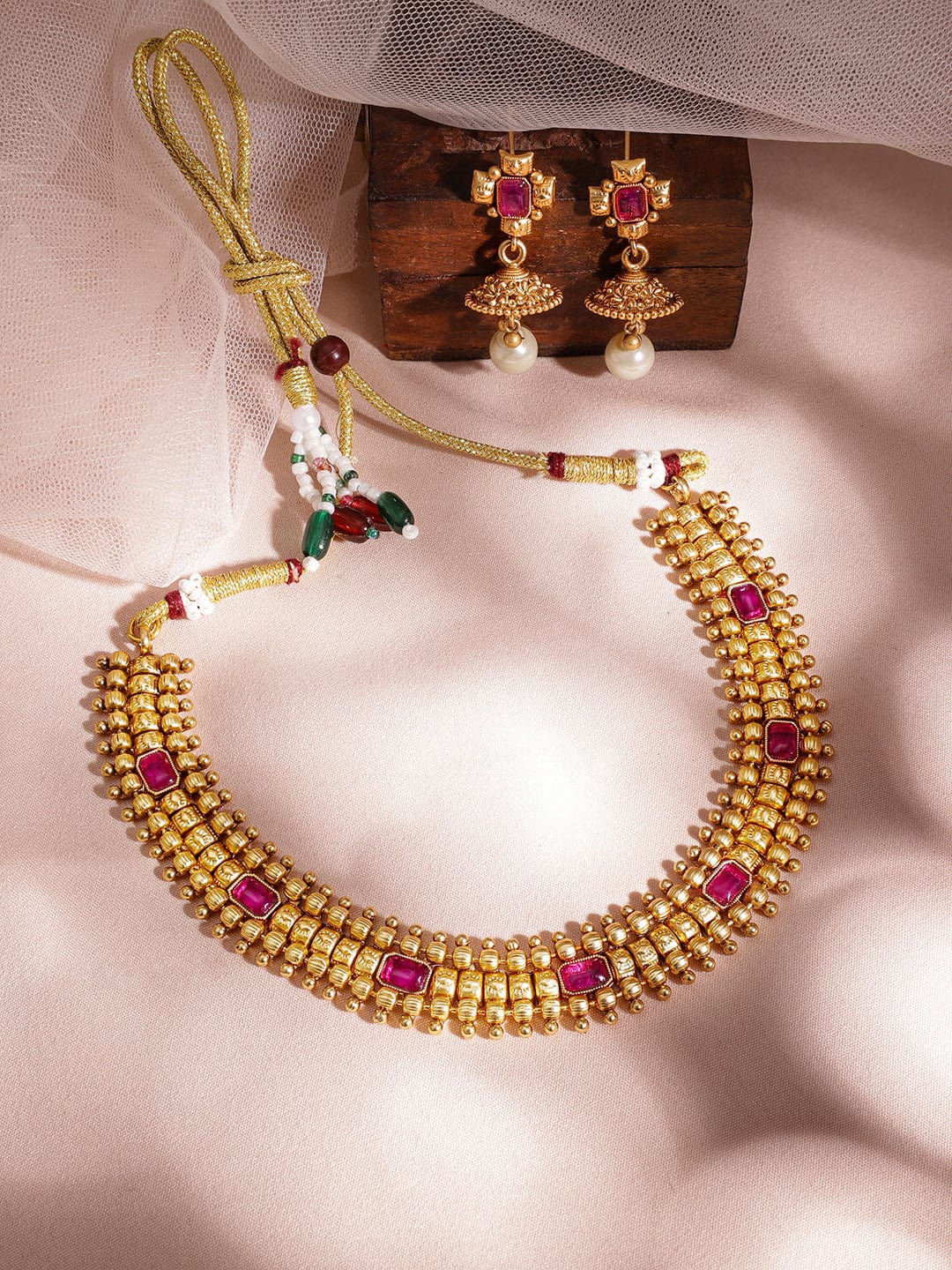 Elegant Gold Plated Brass Necklace Set with Stunning Red Stone and Pearl Accents