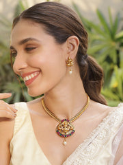 Exquisite Gold-Plated Lakshmi Motif Temple Necklace Set Adorned with Radiant Red & Green Stones