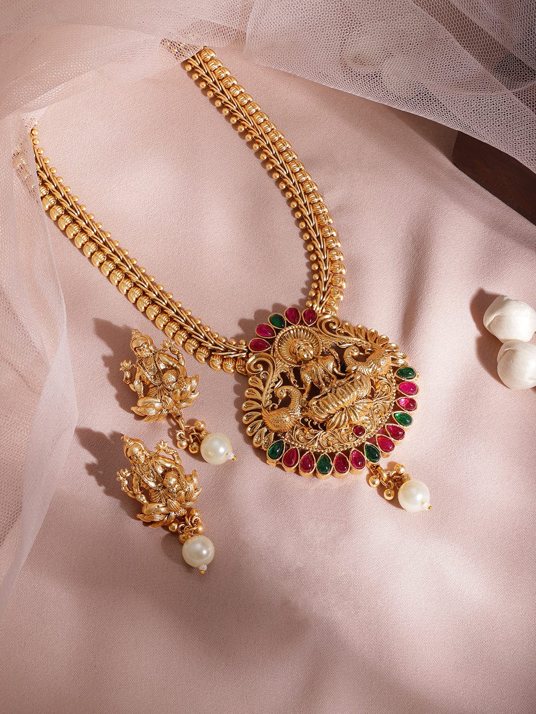 Exquisite Gold-Plated Lakshmi Motif Temple Necklace Set Adorned with Radiant Red & Green Stones