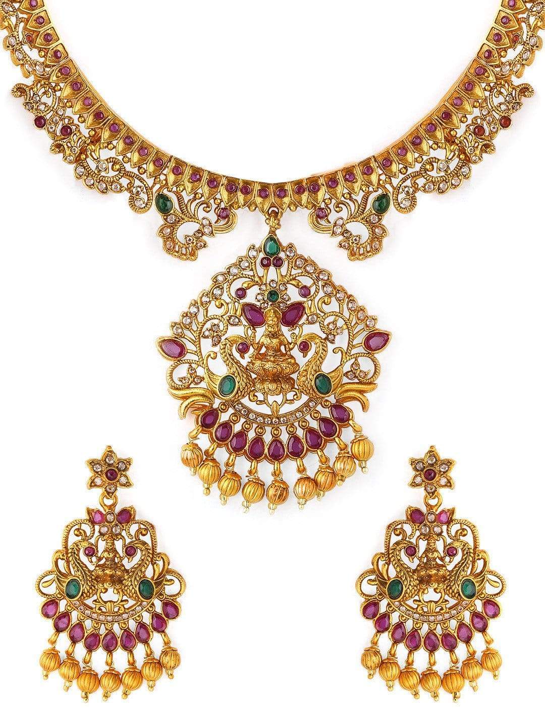 Elegant Gold Plated Temple Necklace Set with Vibrant Colored Stones