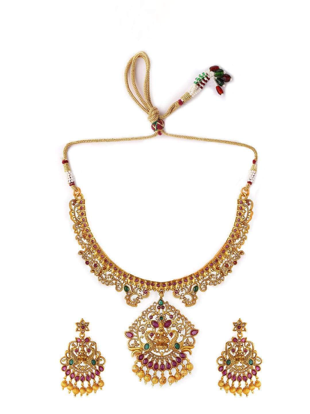 Elegant Gold Plated Temple Necklace Set with Vibrant Colored Stones