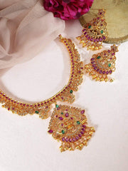 Elegant Gold Plated Temple Necklace Set with Vibrant Colored Stones