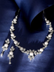 Exquisite Flora Motif Necklace Set with Rhodium-Plated Pearls and Sparkling Zirconia Accents