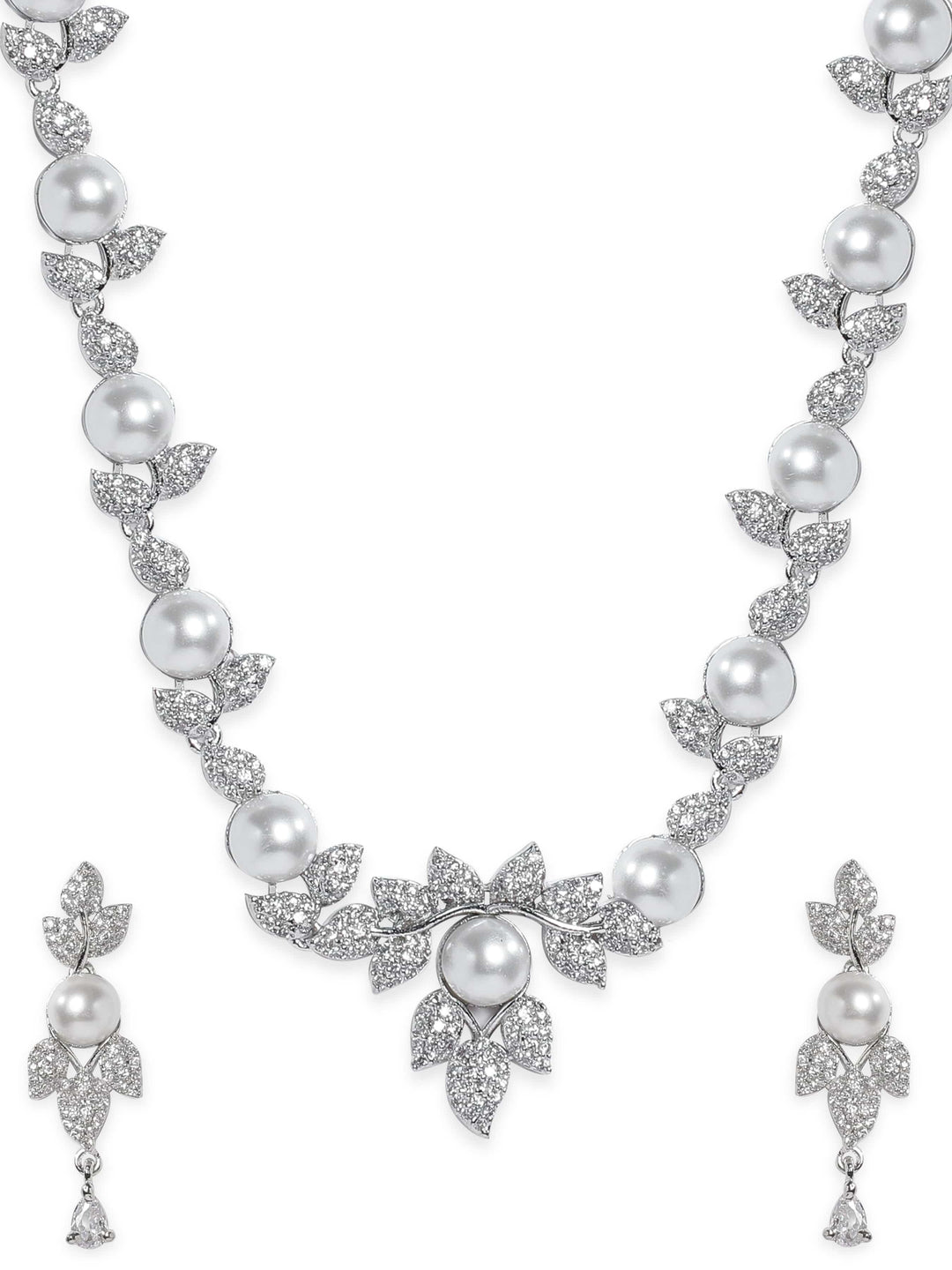 Exquisite Flora Motif Necklace Set with Rhodium-Plated Pearls and Sparkling Zirconia Accents