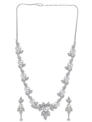 Exquisite Flora Motif Necklace Set with Rhodium-Plated Pearls and Sparkling Zirconia Accents